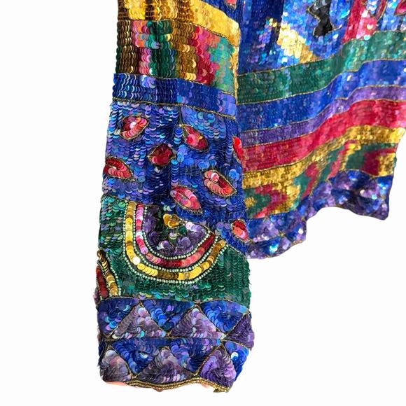 VTG 80 90s JEAN FOR JOSEPH LE BON COLORFUL RETRO SEQUIN TOP HOLIDAY PARTY GLAM L - Picture 3 of 5